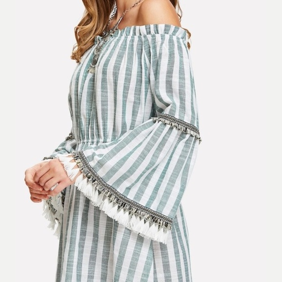 New Cotton Boho Fringe Stripe Dress Green White XS - Picture 4 of 7